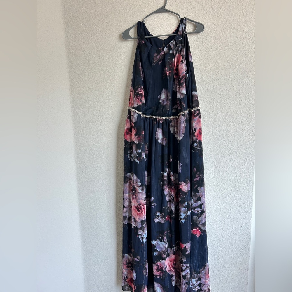 SLNY Navy Maxi Dress with Pink Floral Accents and Chain Waist